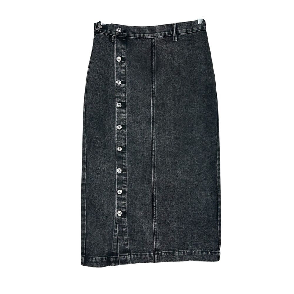 Denim High Waist Side Button Front Midi Skirt Sz L Black Wash